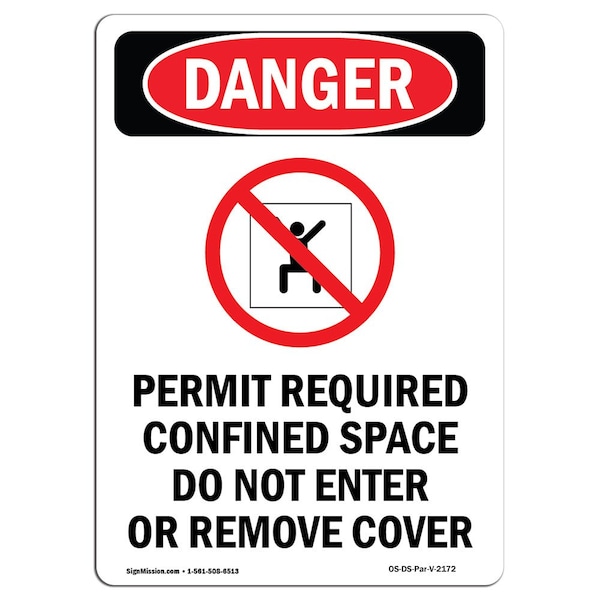 Safety Sign, OSHA Danger, 5" Height, Portrait Permit Required, Portrait, 10PK